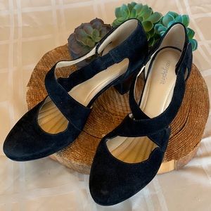 Easy Spirit crossover strap black suede heels